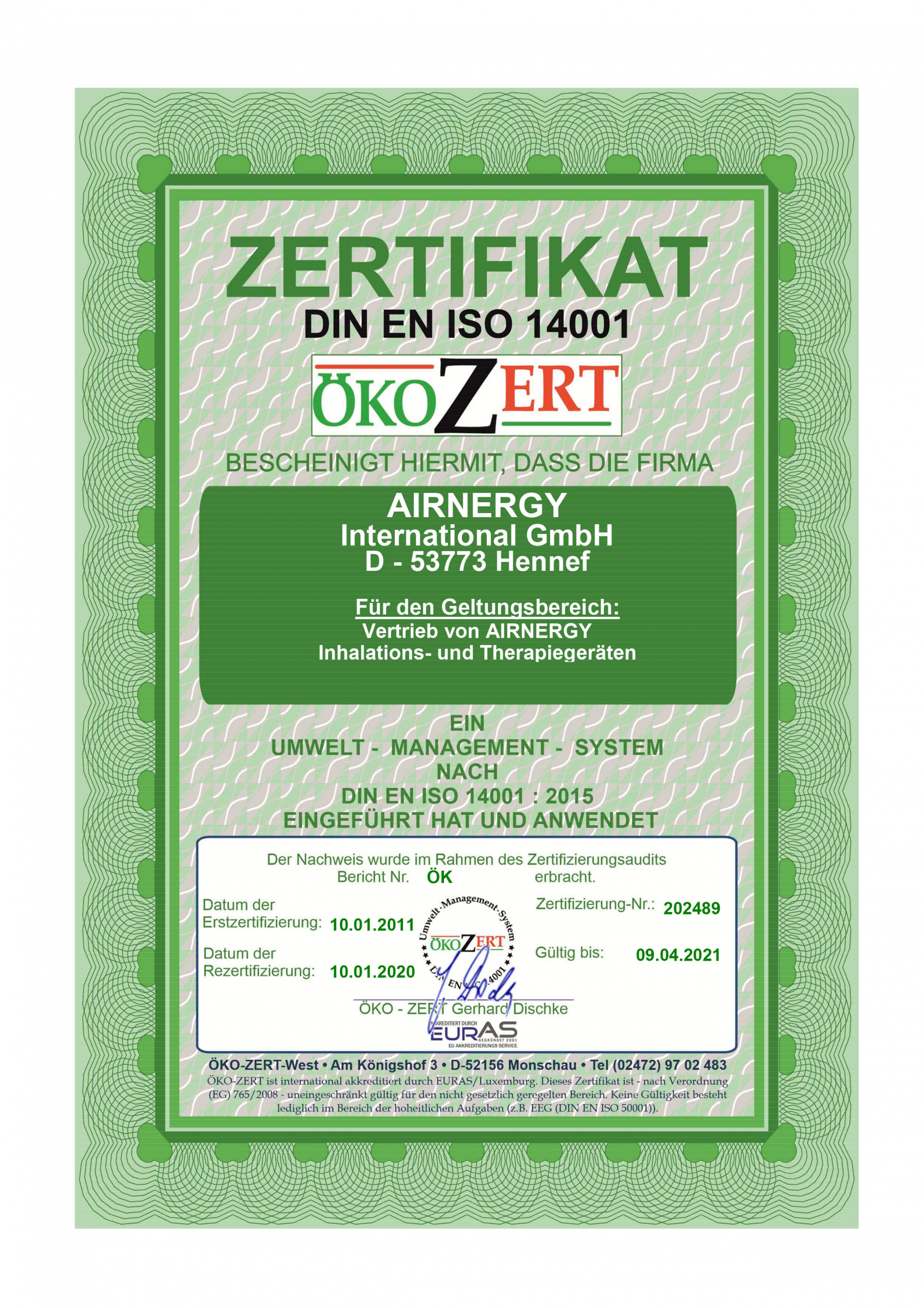 AIRNERGY Zertifikat DIN EN ISO 14001